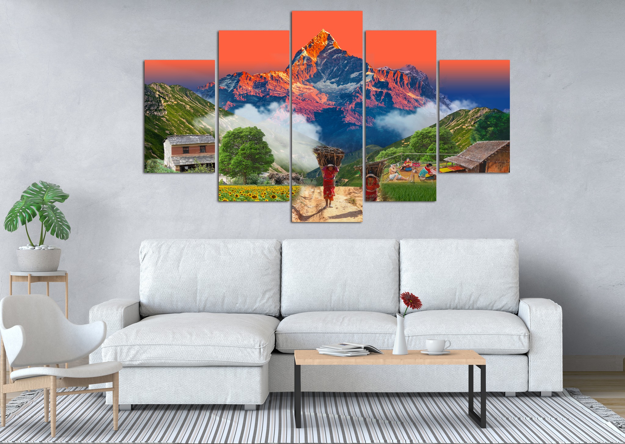 Himalayan Sunset & Village Life 5 Panel Canvas Wall Art