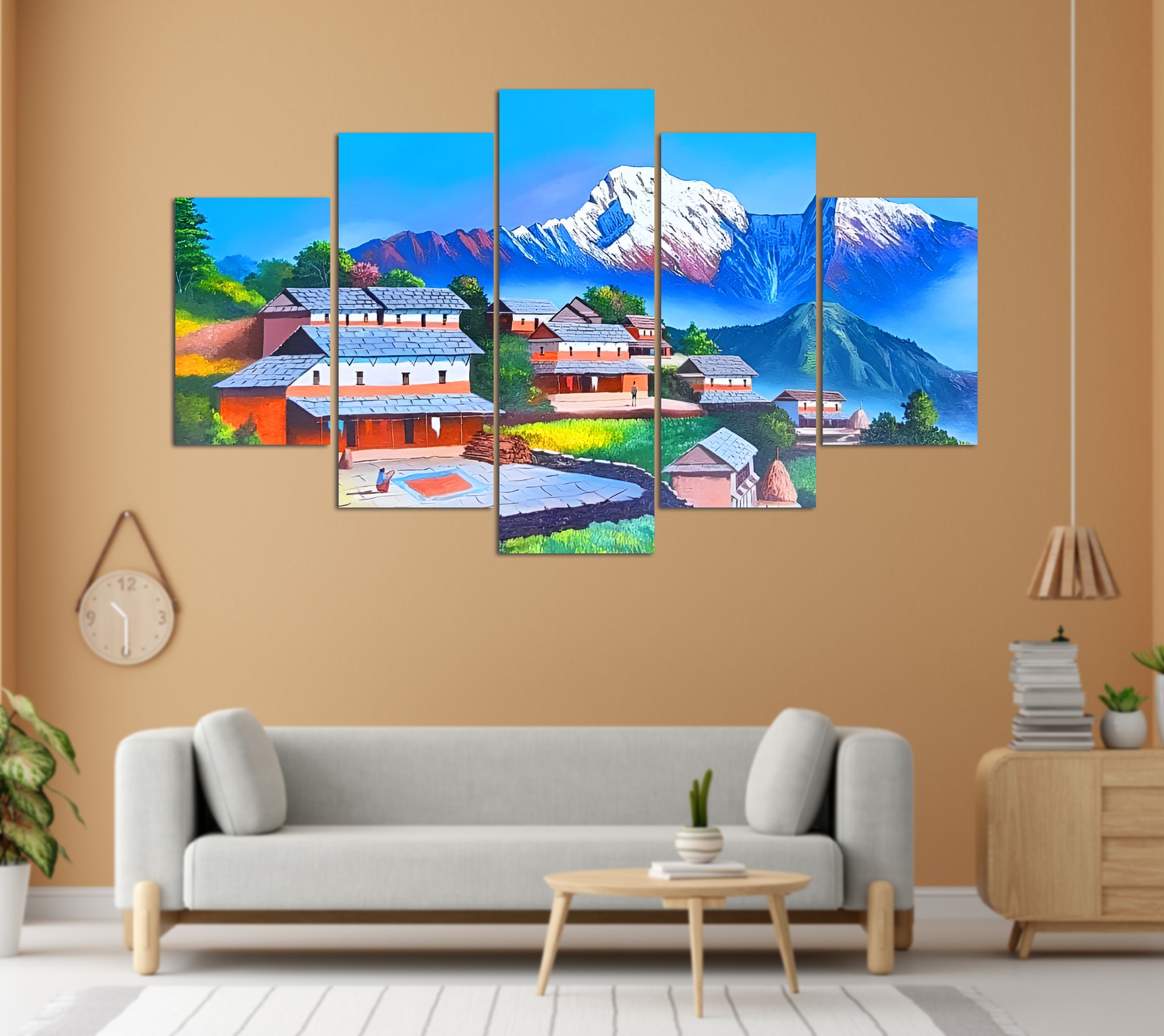 Nepalese Mountain Village Scenic 5 Panel Canvas Wall Art