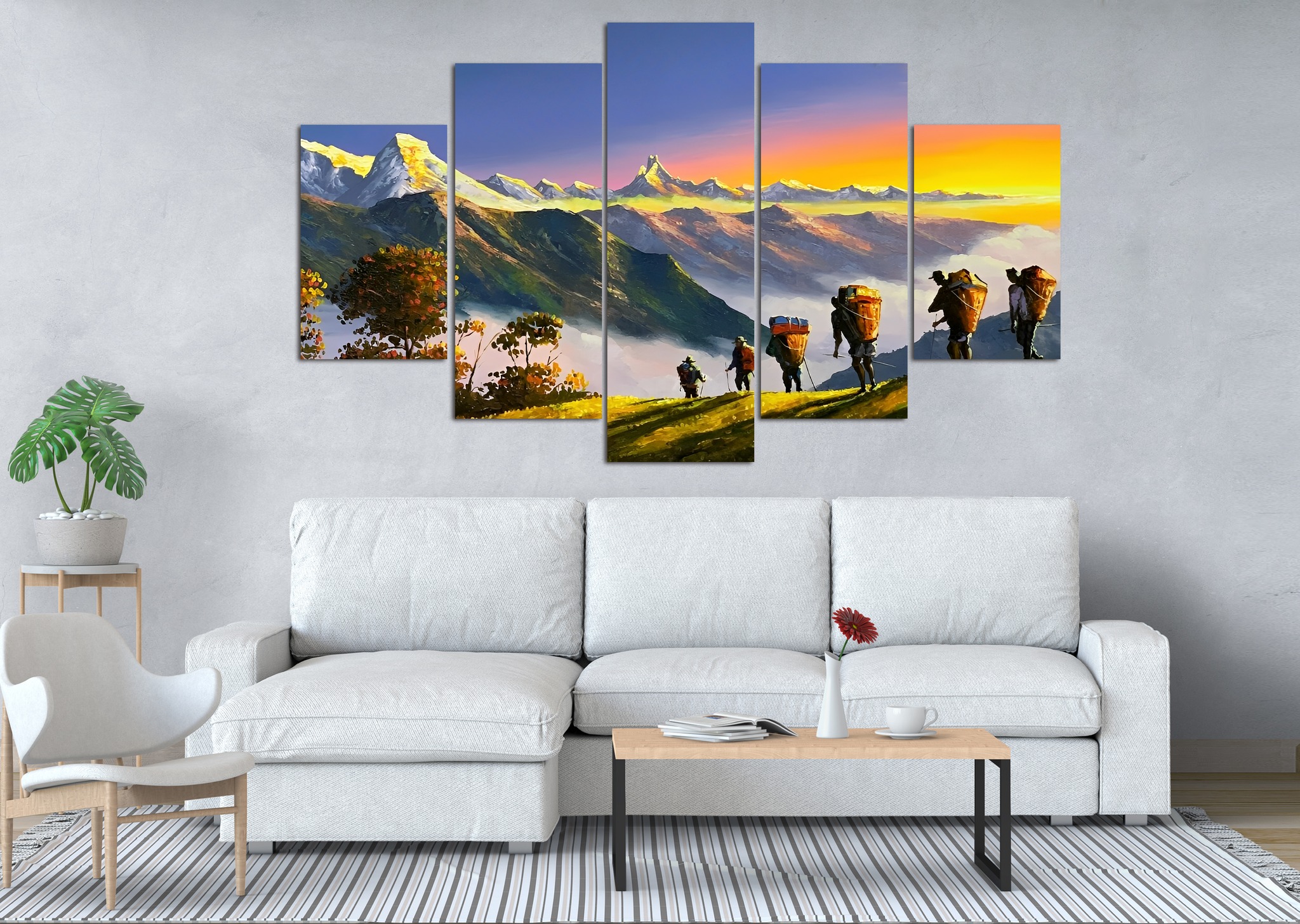 Himalayan Trekking Porters Sunset 5 Panel Canvas Wall Art