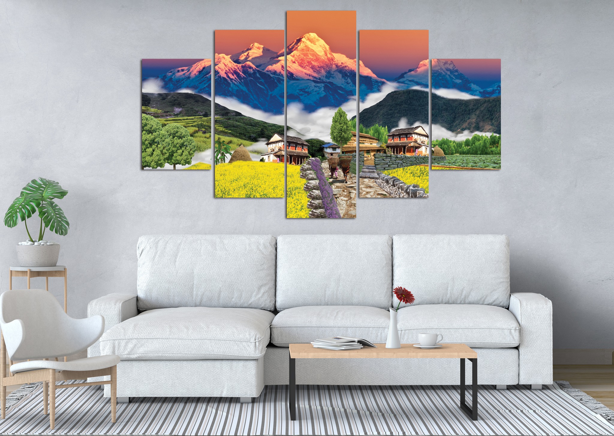 Himalayan Village & Mountain Sunset 5 Panel Canvas Wall Art