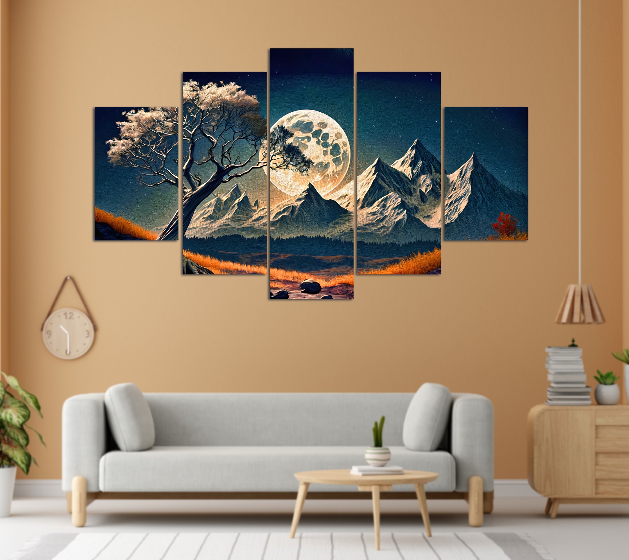 Full Moon & Mountain Nightscape 5 Panel Canvas Wall Art