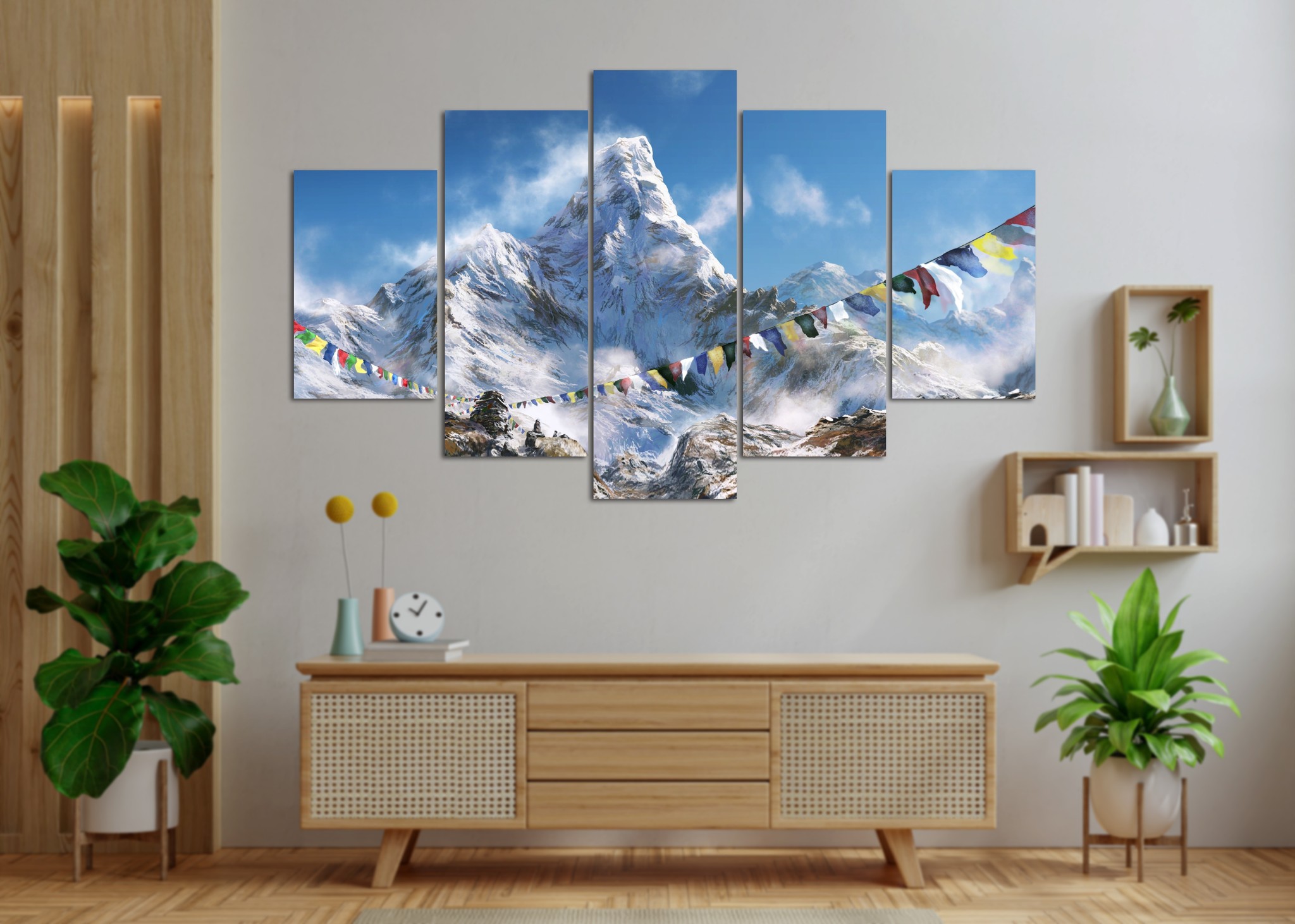 Himalayan Peak Prayer Flags 5 Panel Canvas Wall Art