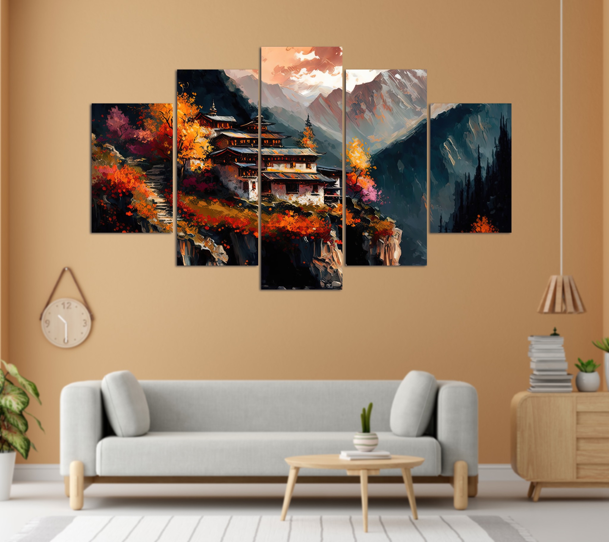 Himalayan Cliffside Temple Autumn 5 Panel Canvas Wall Art