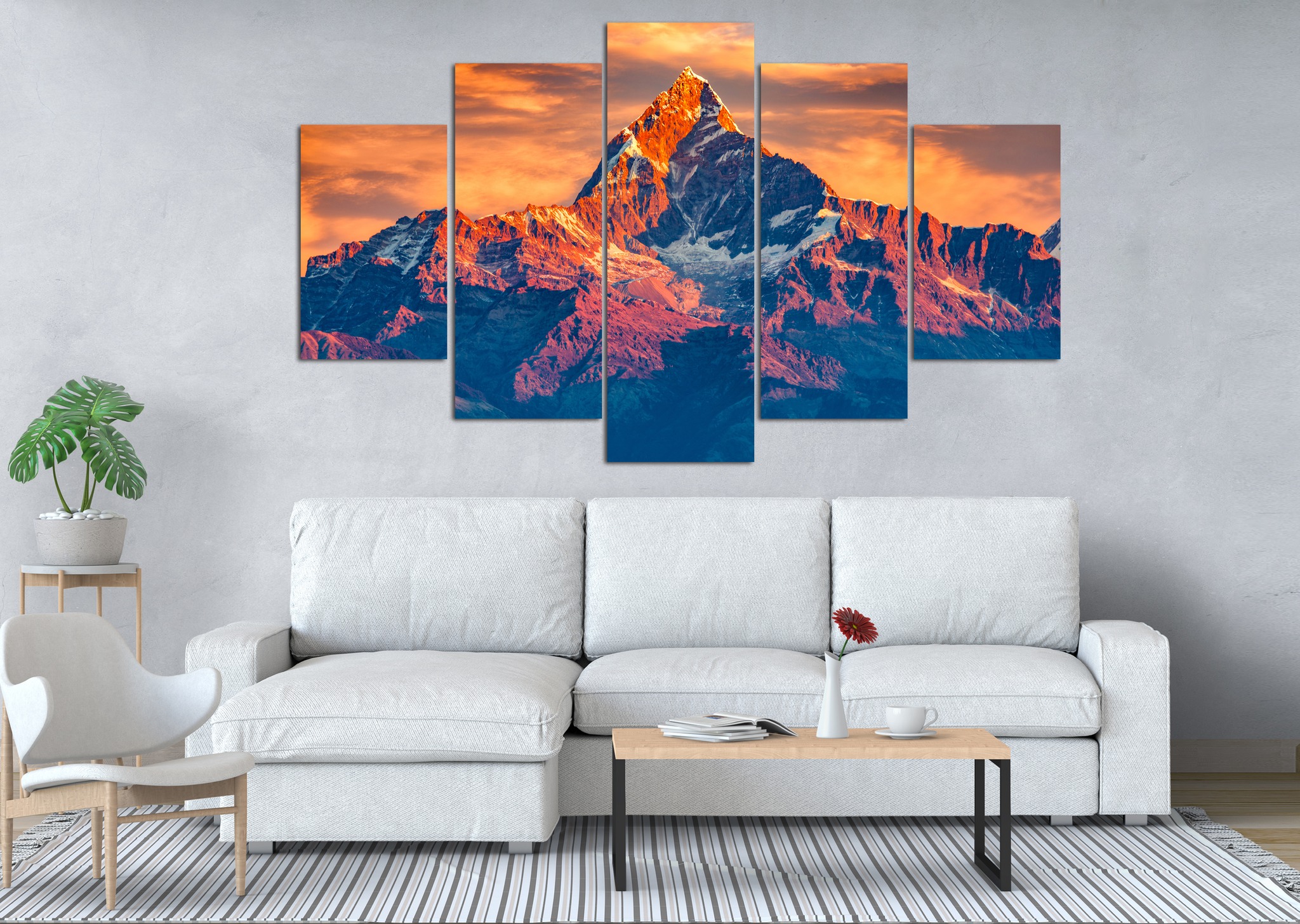 Machapuchare Golden Sunset Peak 5 Panel Canvas Wall Art