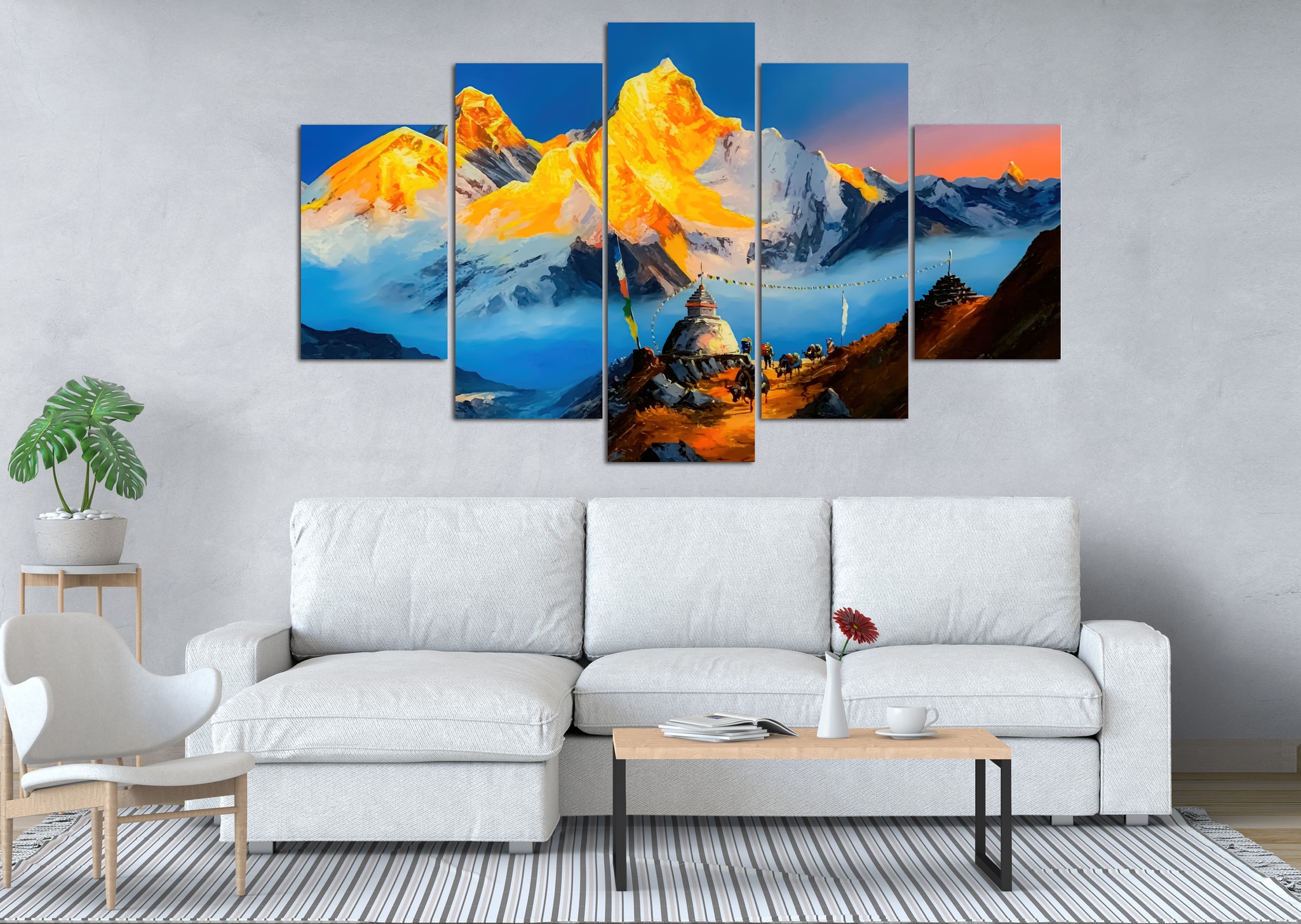 Golden Himalaya Sunset Stupa 5 Panel Canvas Wall Art
