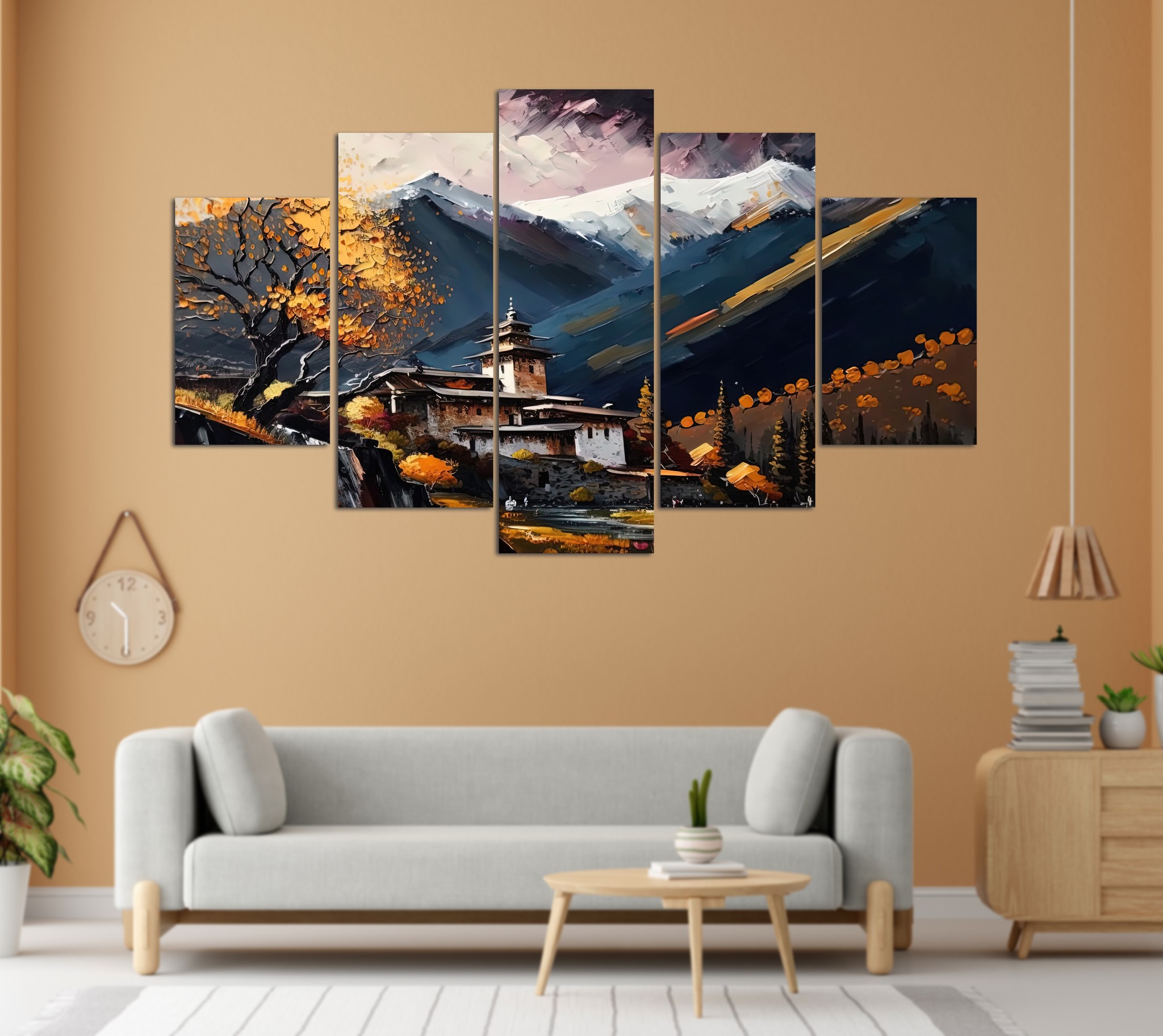 Himalayan Monastery & Autumn Peak 5 Panel Canvas Wall Art
