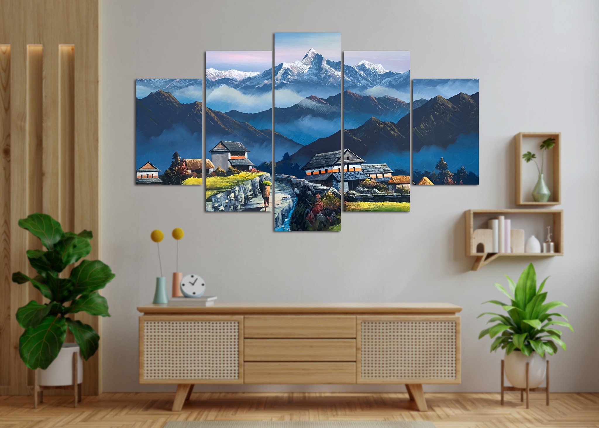 Nepalese Himalayan Village Sunrise 5 Panel Canvas Wall Art