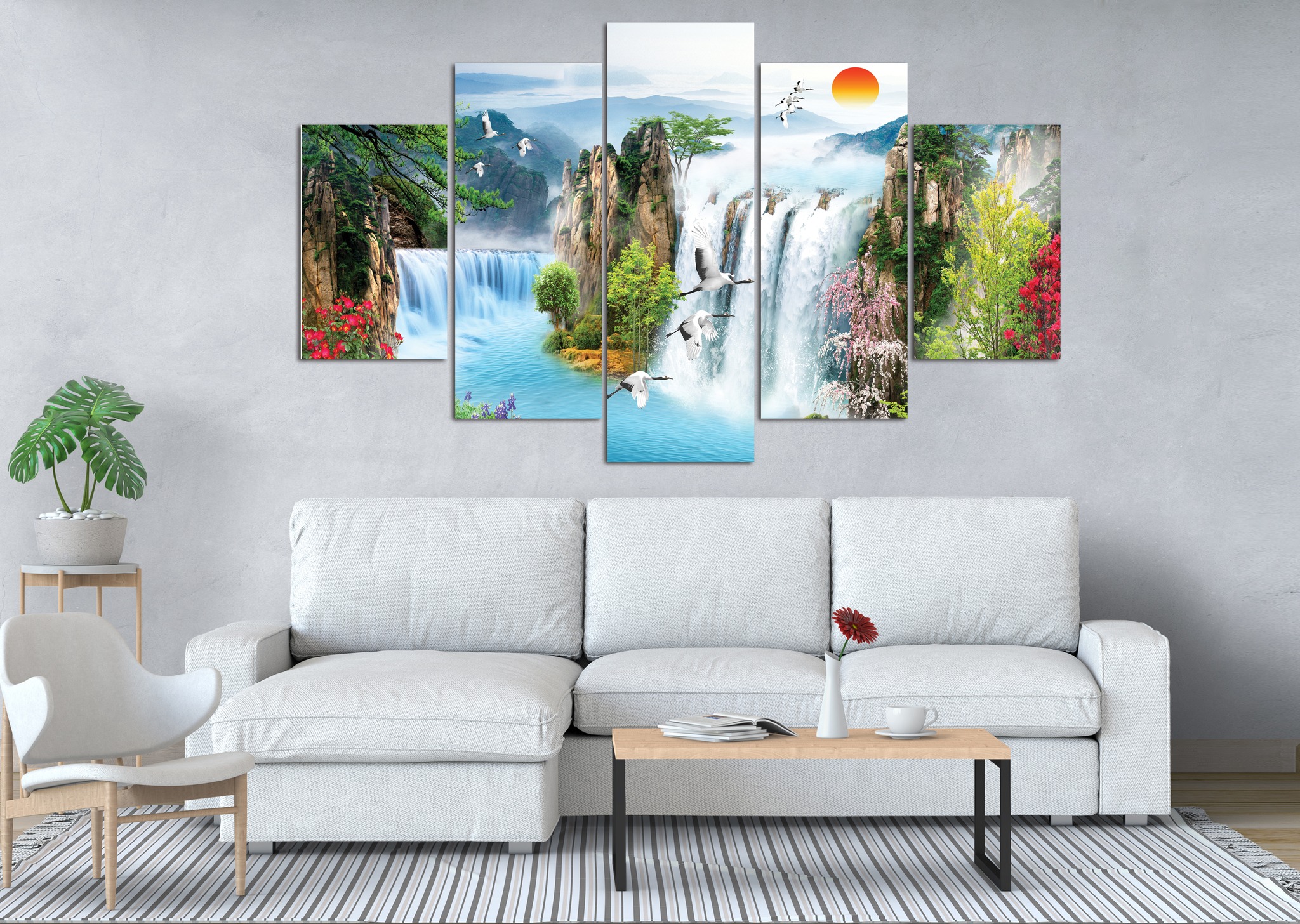 Japanese Crane Waterfall Landscape 5 Panel Canvas Wall Art