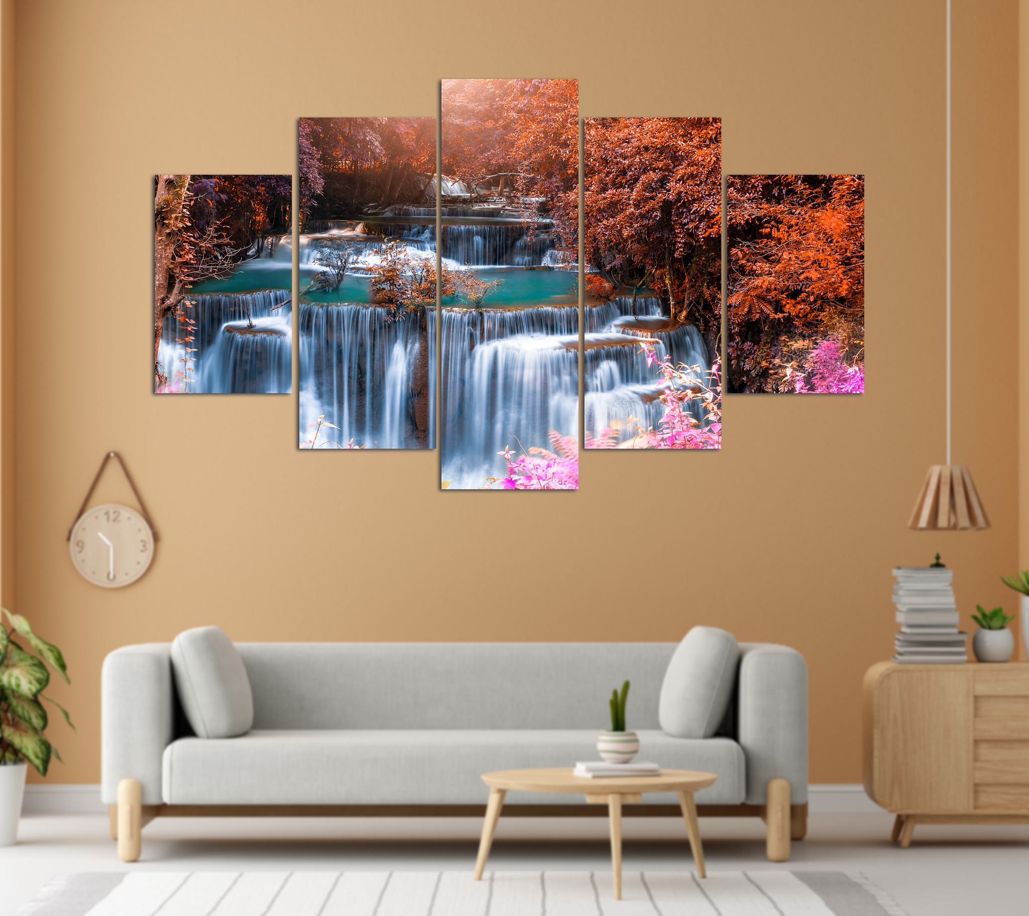 Autumn Forest Cascading Waterfall 5 Panel Canvas Wall Art