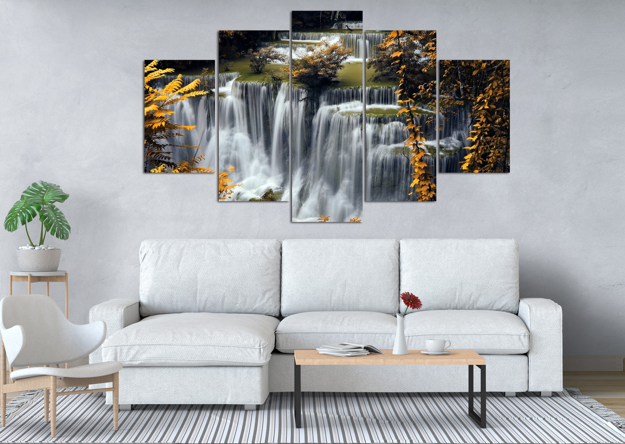 Golden Autumn Tiered Waterfall 5 Panel Canvas Wall Art