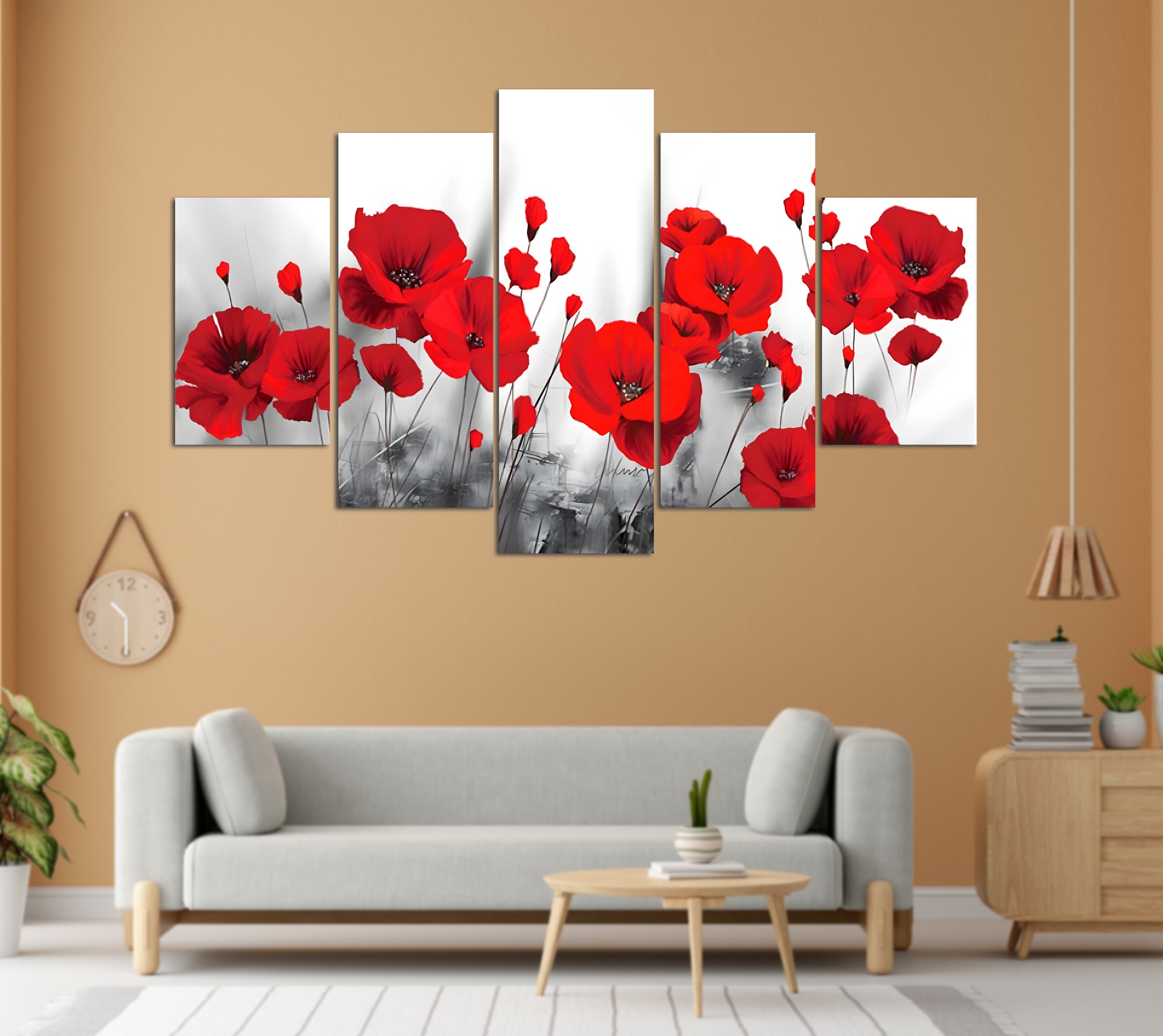 Red Poppy Floral Black and White 5 Panel Canvas Wall Art