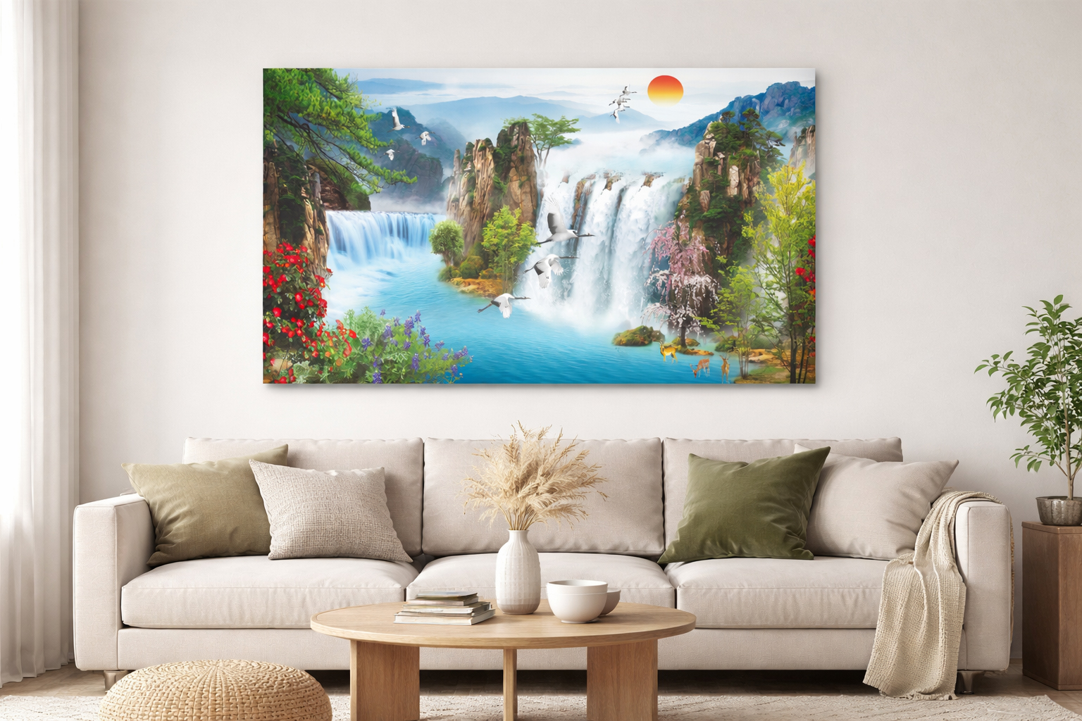 Mystical Waterfall Cranes Paradise Canvas Wall Art