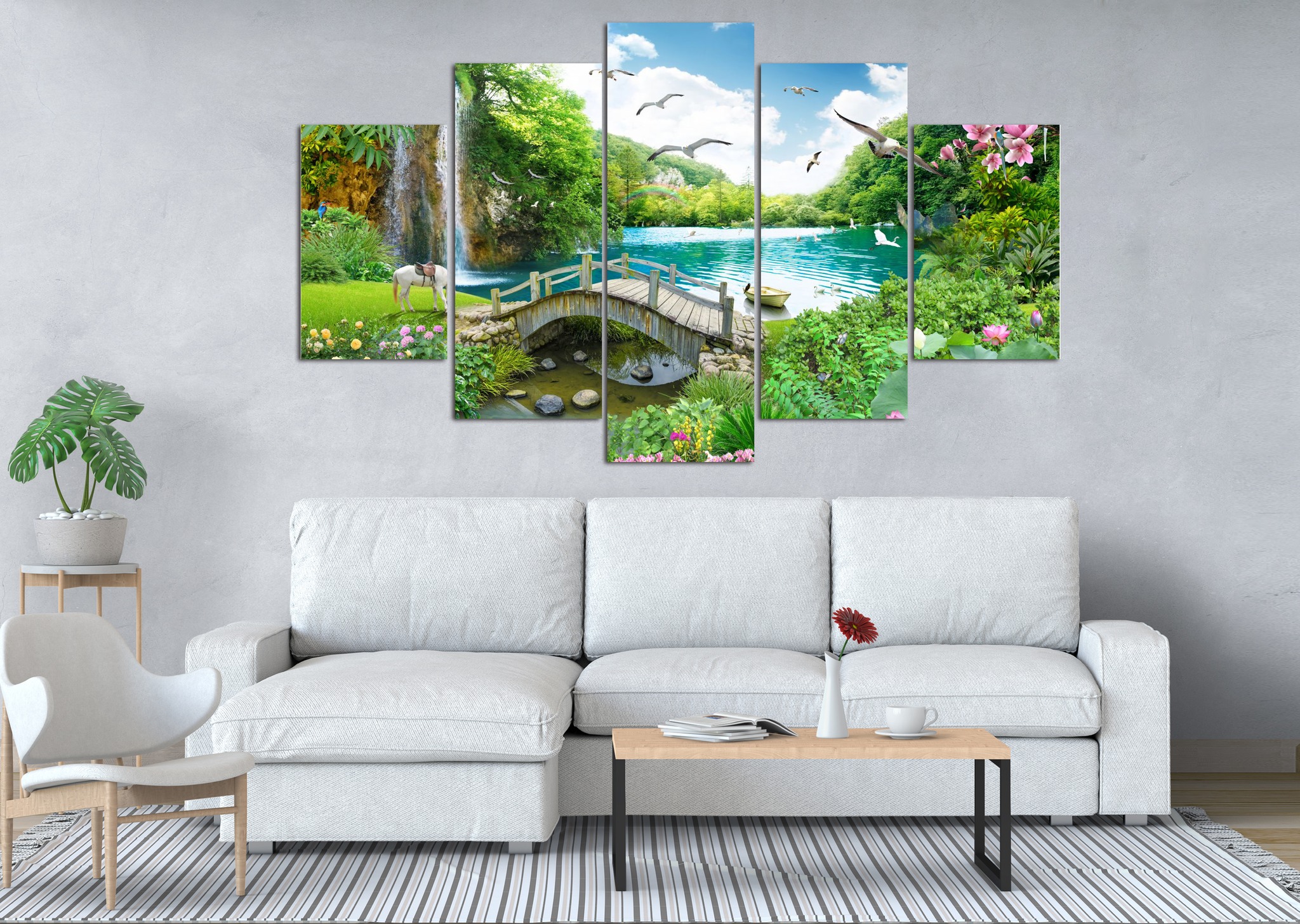 Waterfall Wooden Bridge Landscape 5 Panel Canvas Wall Art