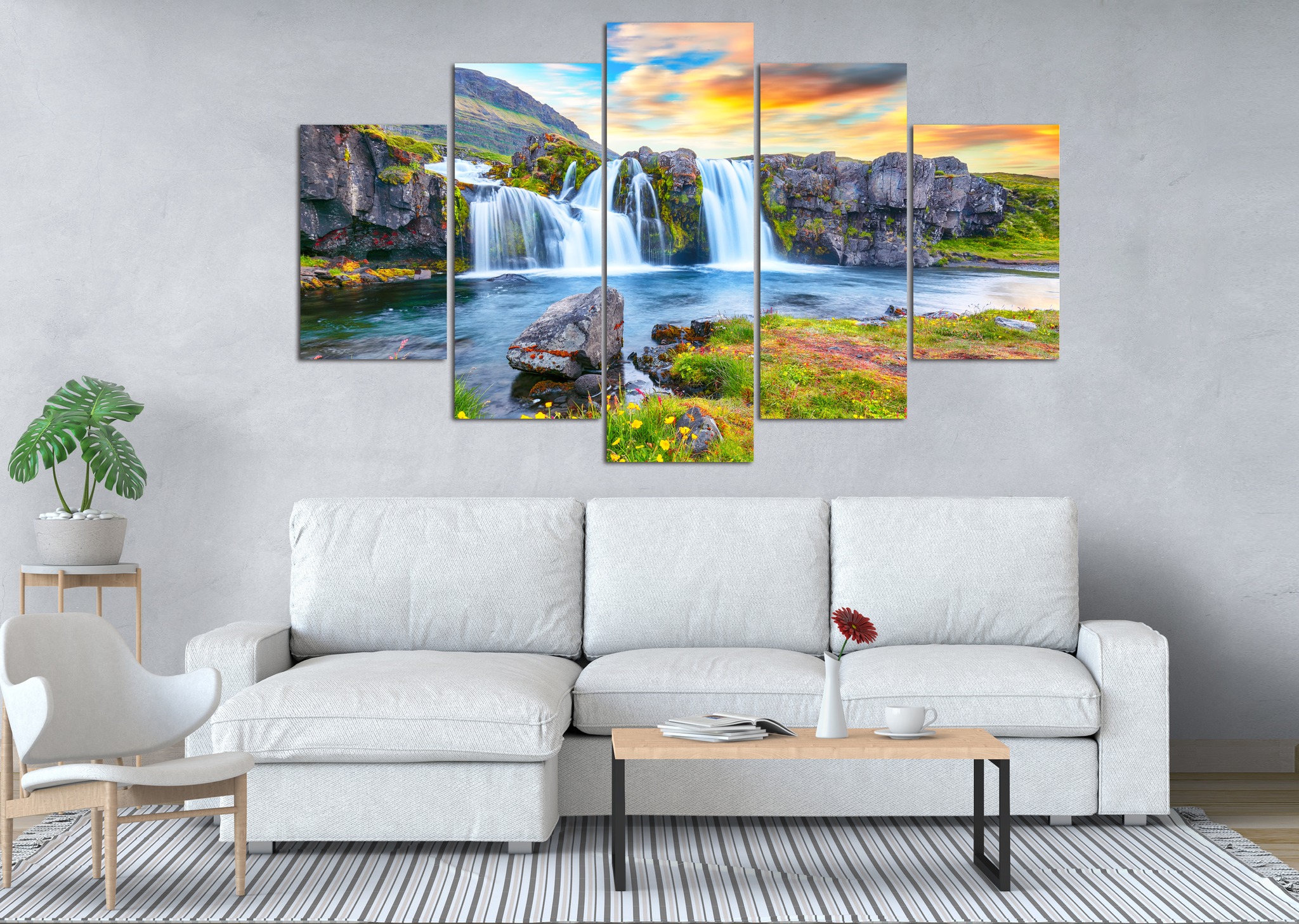 Waterfall Sunset 5 Panel Canvas Wall Art