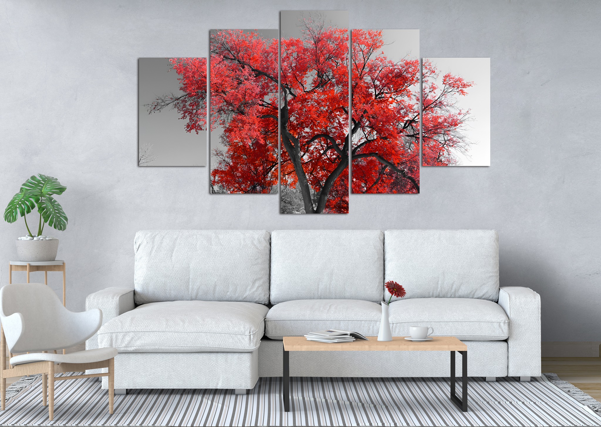Red Autumn Tree Black and White 5 Panel Canvas Wall Art